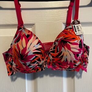 NO BOUNDARIES 36B Push Up Bra Pink Orange Tropical Floral Lace NWT